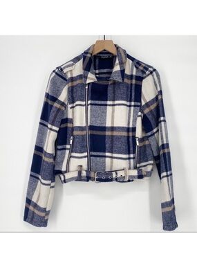 Stoosh Soft Plaid Flannel Belted Moto Jacket Shacket Navy Tan Cream Medium Zip